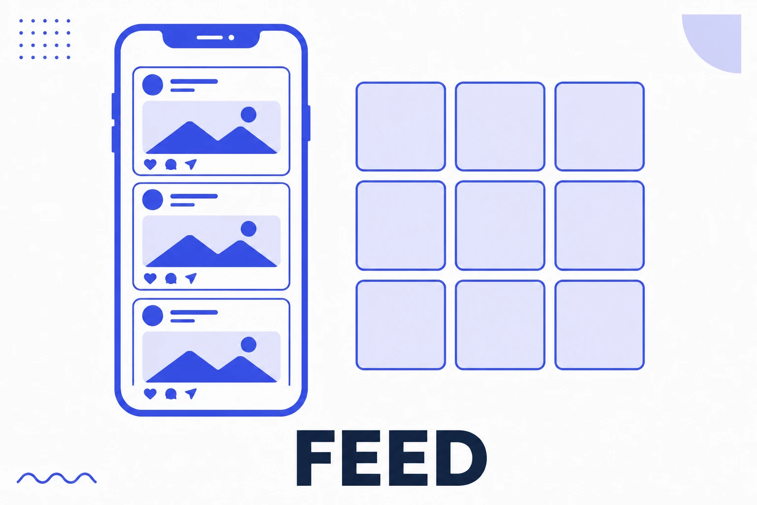 Ilustração do feed do Instagram, com uma linha do tempo e uma grade de perfil